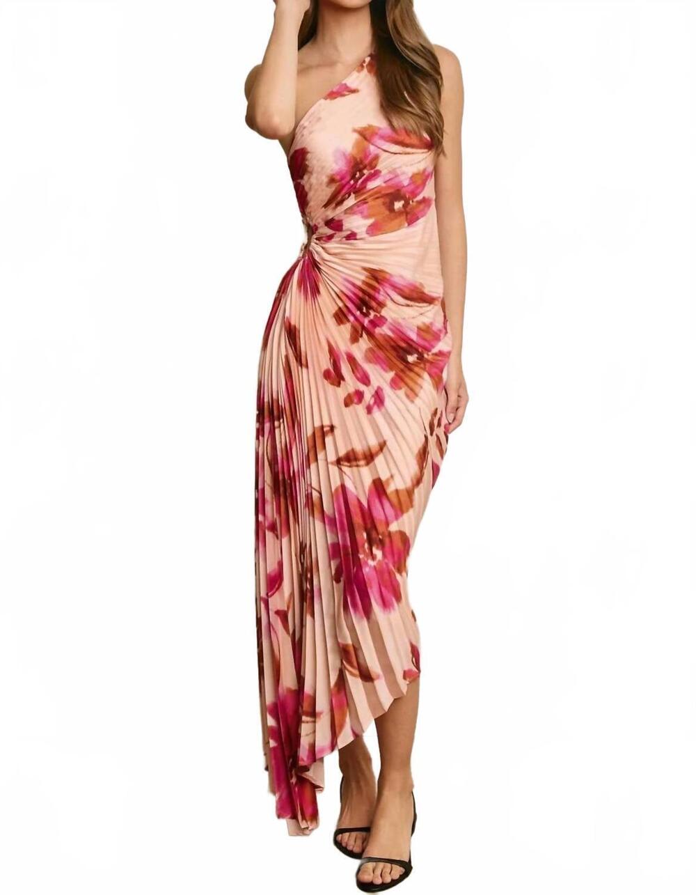 NEW DRESS FORUM rose bloom one shoulder dress in blush/fuchsia/brown
